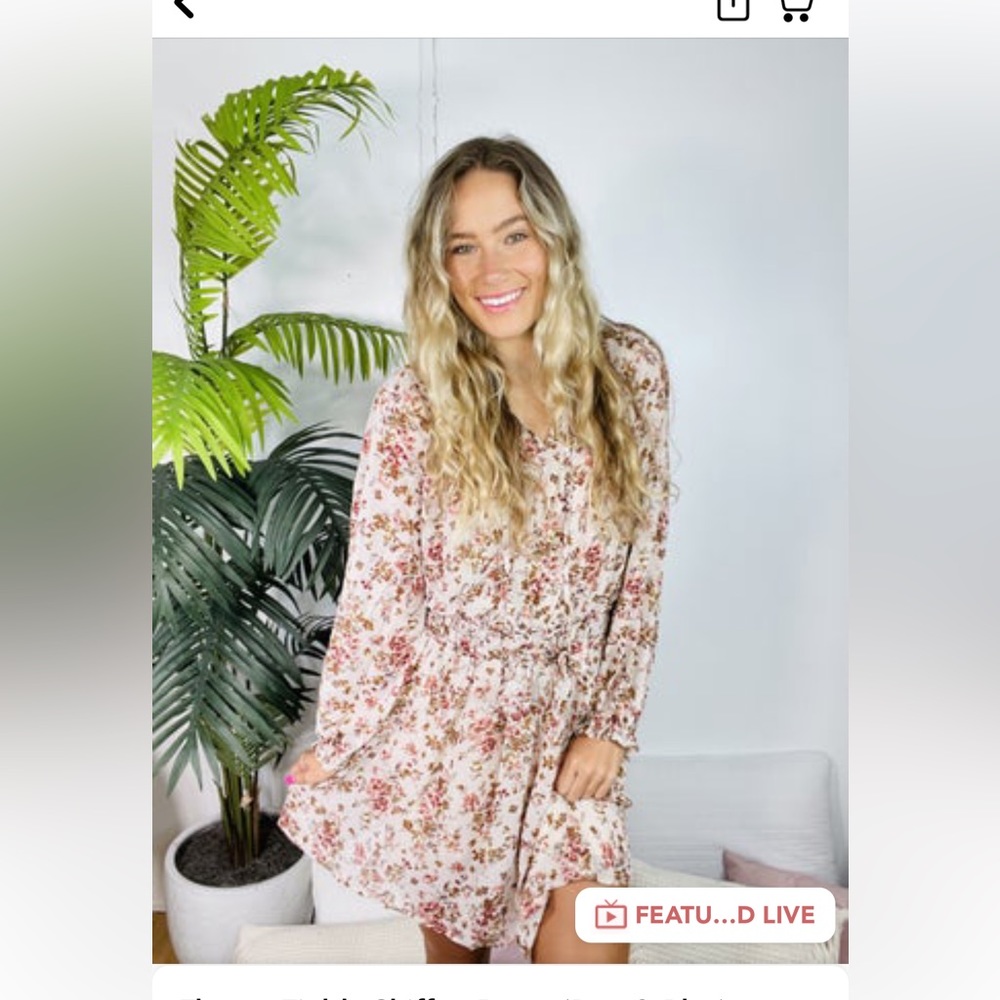 Cream with flowers all over flowy dress. Cinches at waist but not tight.